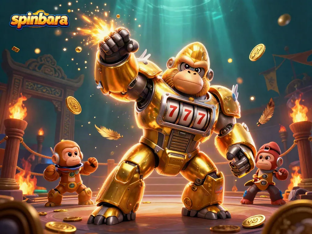 Join the spinbara adventure with a golden gorilla mech, thrilling slots, and exploding coins!