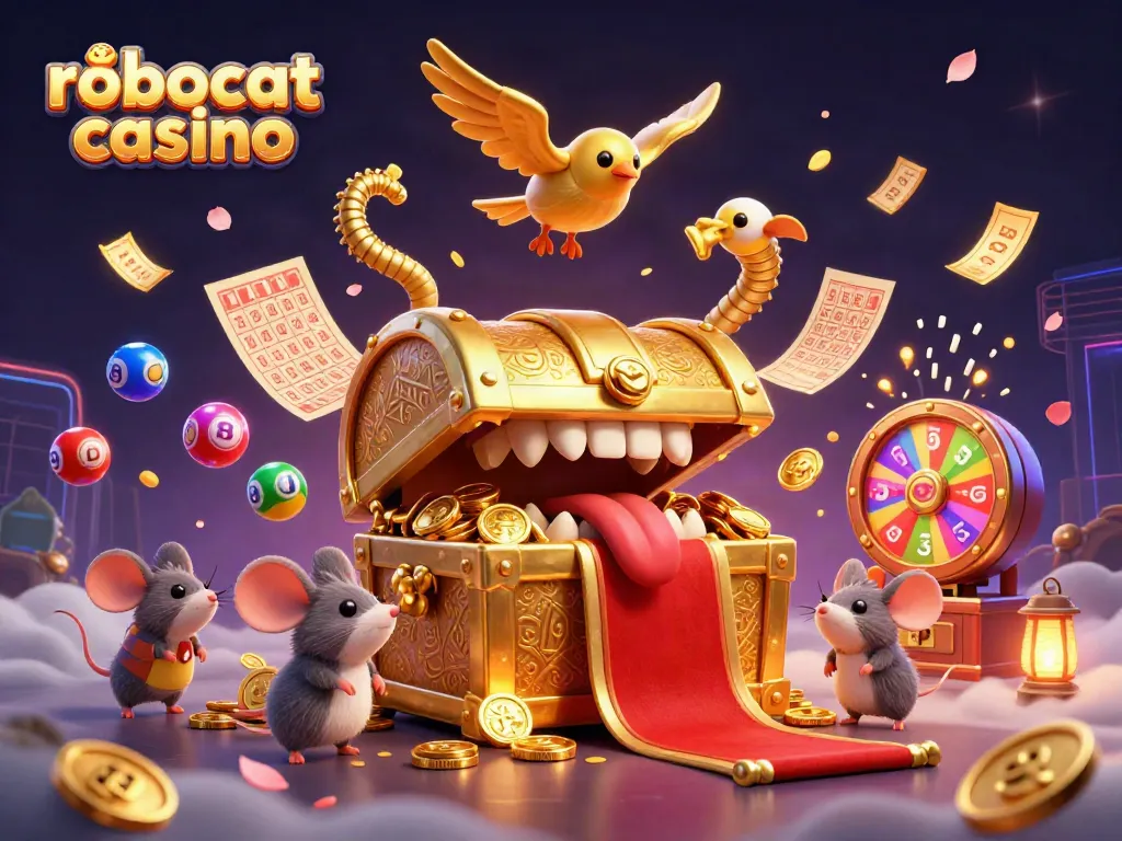 Engage with robocat casino's exciting games amidst colorful lottery balls and dynamic winnings.