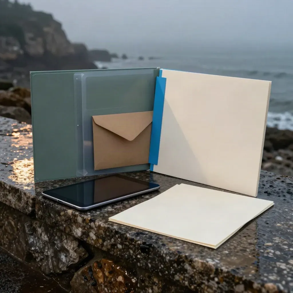 Dossier SEO mate con separadores azules, tablet negro y sobre kraft sobre piedra húmeda.