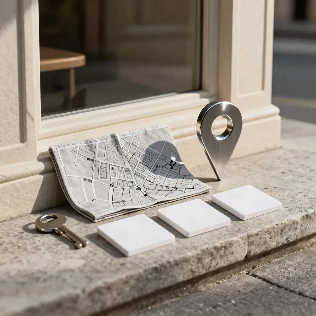 Kit de SEO local con mini fachada de piedra, mapa doblado y fichas blancas sobre piedra clara.