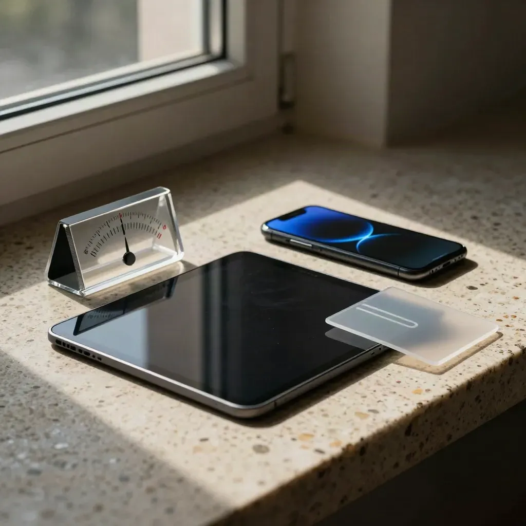 Tableta negra, móvil, dial acrílico y tarjetas de puja sobre travertino con luz lateral.