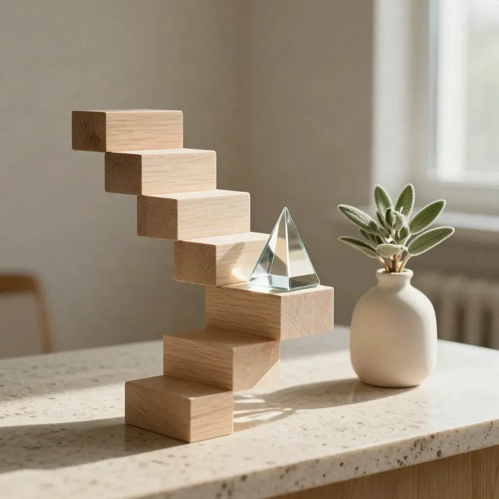 Bloques de madera suben por una escalera modular junto a vidrio y una planta pequeña.