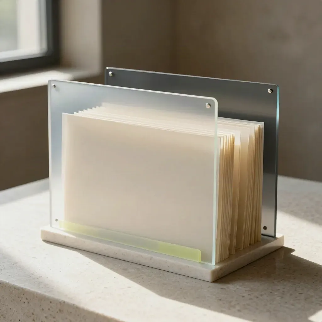 Kit de auditoría GA4 con acetato, vidrio oscuro y base de travertino en luz lateral