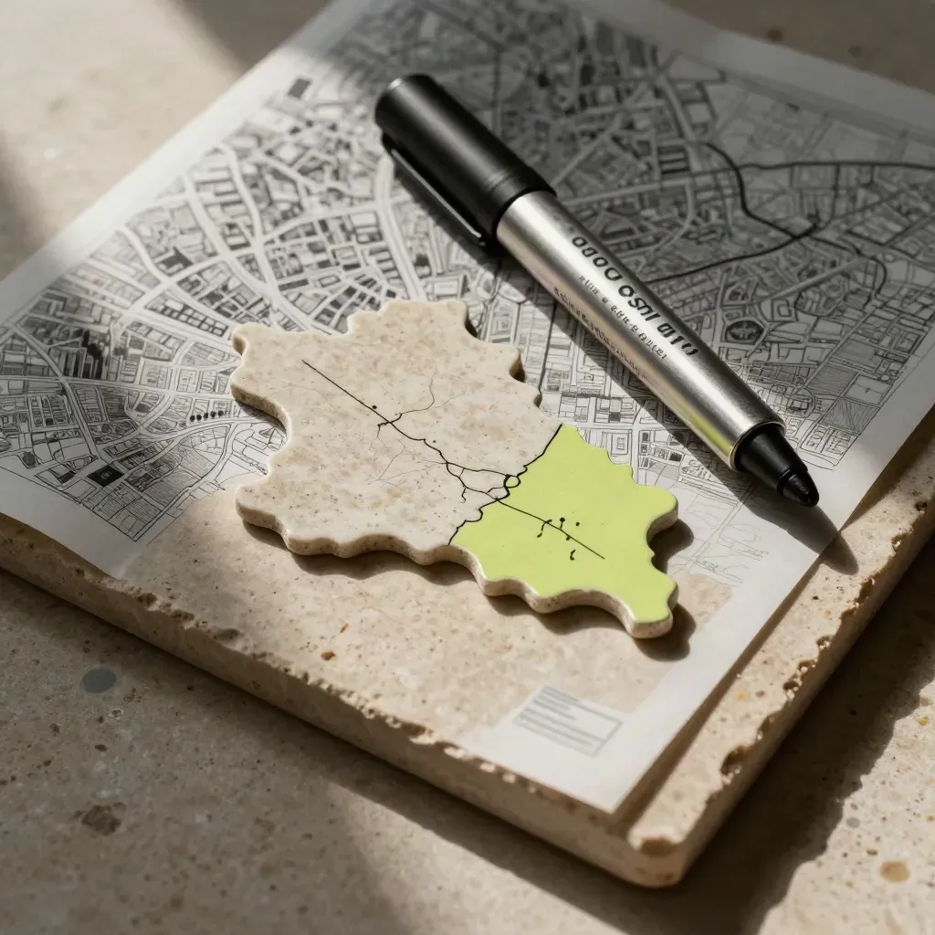 Kit de SEO local con losas de piedra, mapa plegado y marcador metálico en vista cenital.