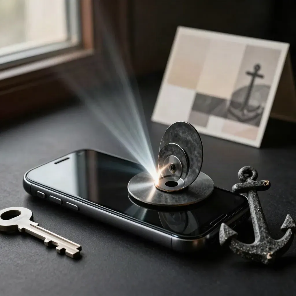 Teléfono negro, discos concéntricos y piedra oscura en una escena dramática de Search.