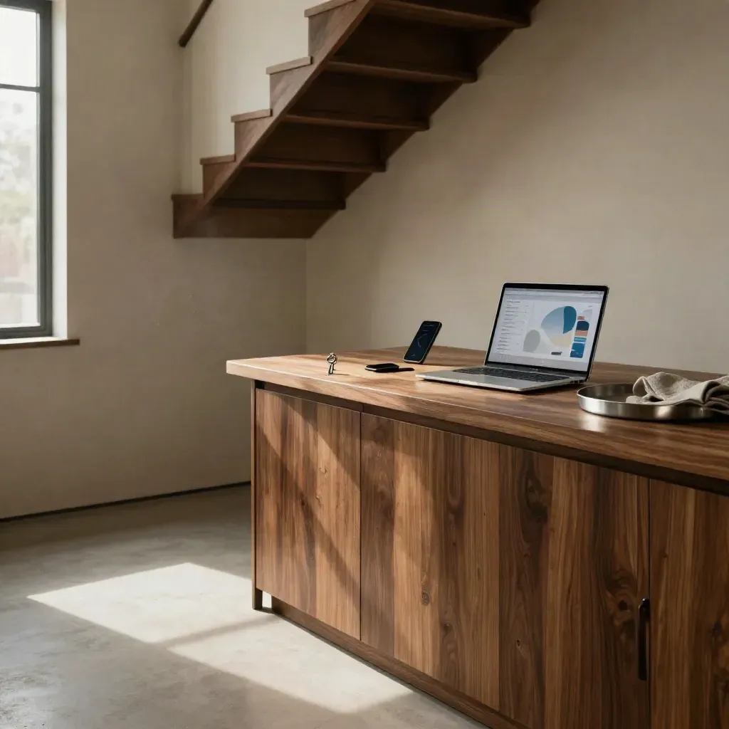 Interior de nogal y yeso con escalera difusa y pantallas de analítica en luz cálida.