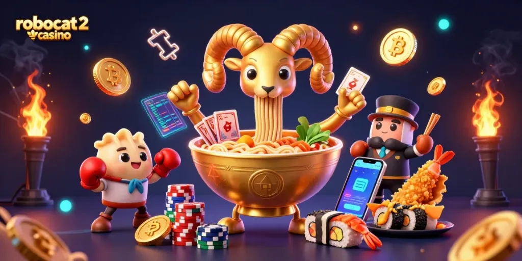 Spin and win at robocat 2 casino with vibrant characters, coins, and festive gaming action.