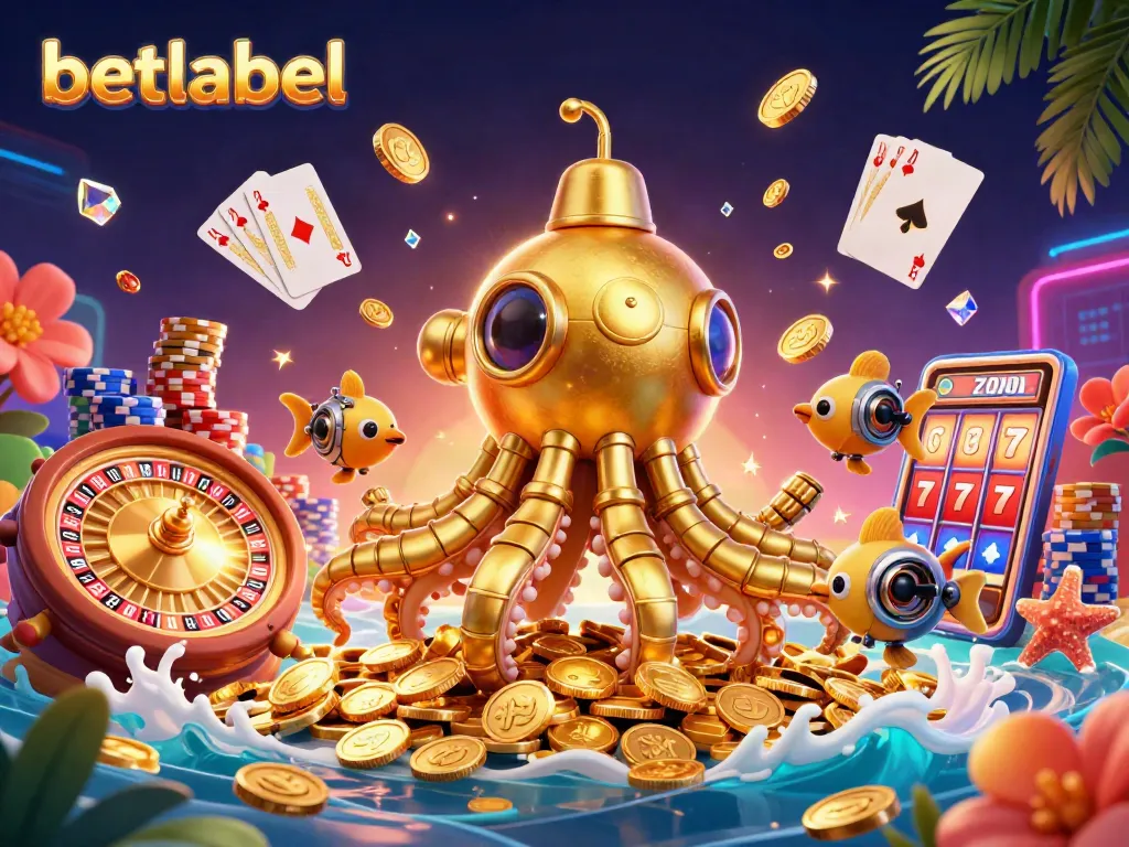 Play exciting games at Betlabel featuring a kraken submarine amongst coins and vibrant casino elements.
