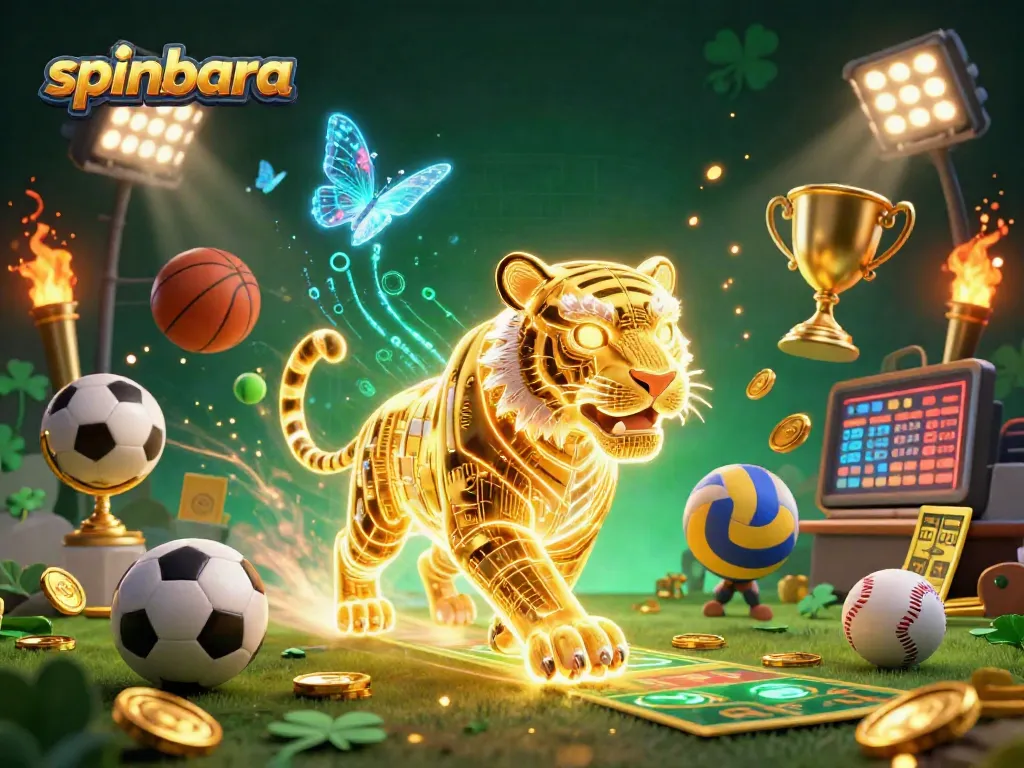 Spinbara Casino showcases a neon tiger surrounded by sports elements and golden coins.